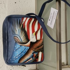 Handbag Anuschka Stars Stripes small American Flag USA blue leather NWT July 4th